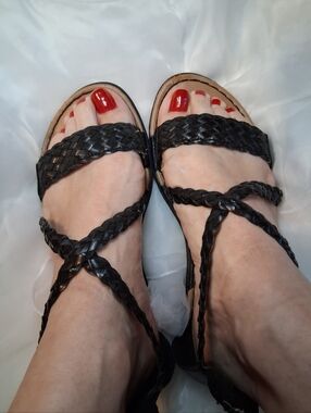 Women's Worn Woven Strappy Black Sandals